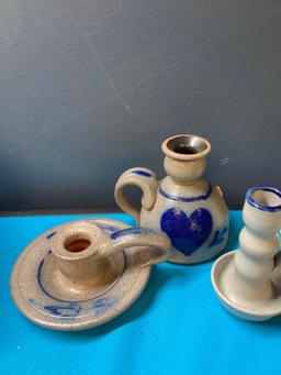 Vintage Rowe pottery pie bird, candle stick holders, plus blue willow, and HD designs balls