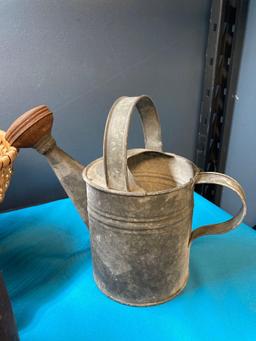New old stock sewing basket rustic basket, watering can and two crock pots