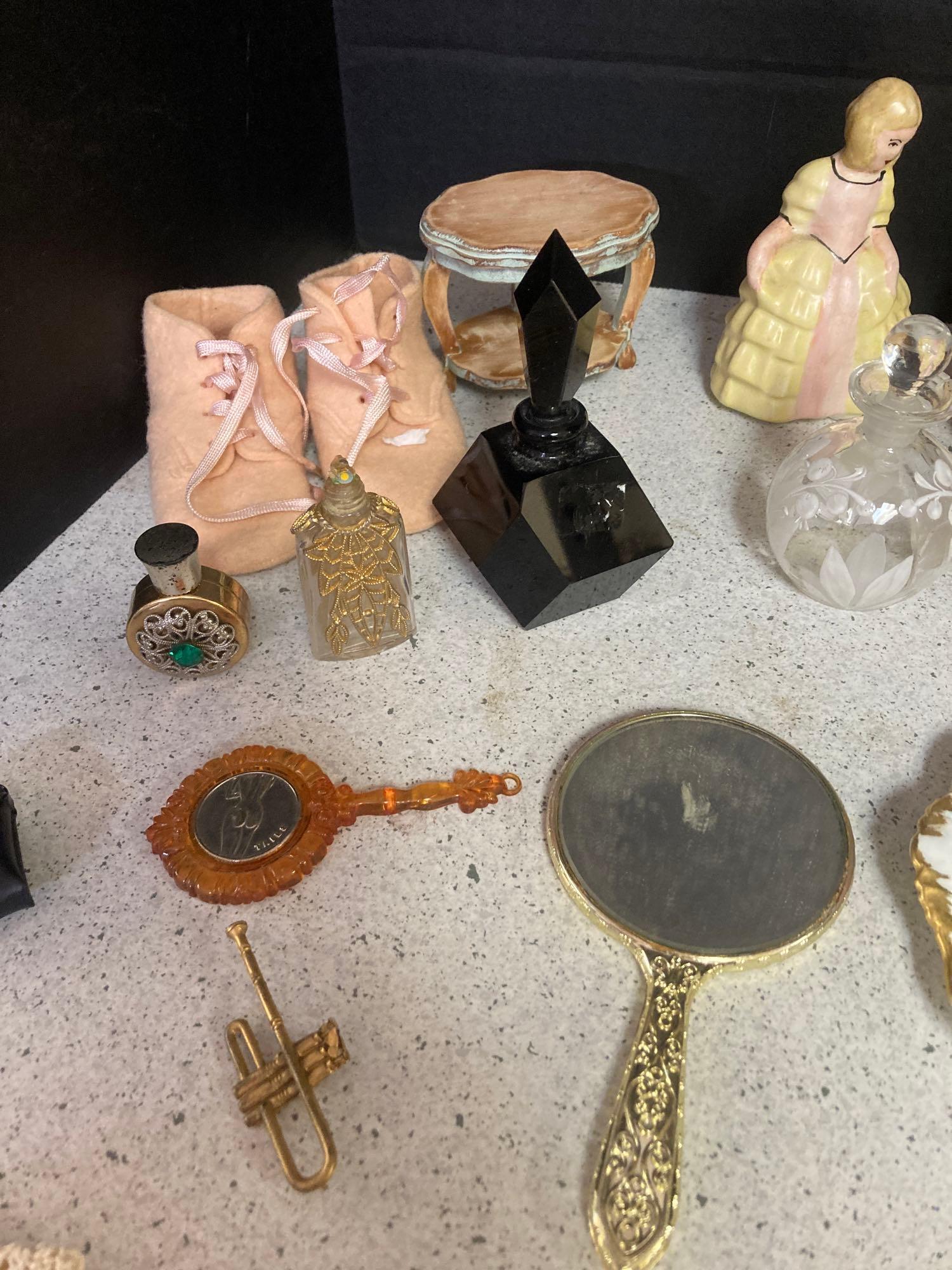 Perfume, bottles, beaded purse, capodimonte, much more