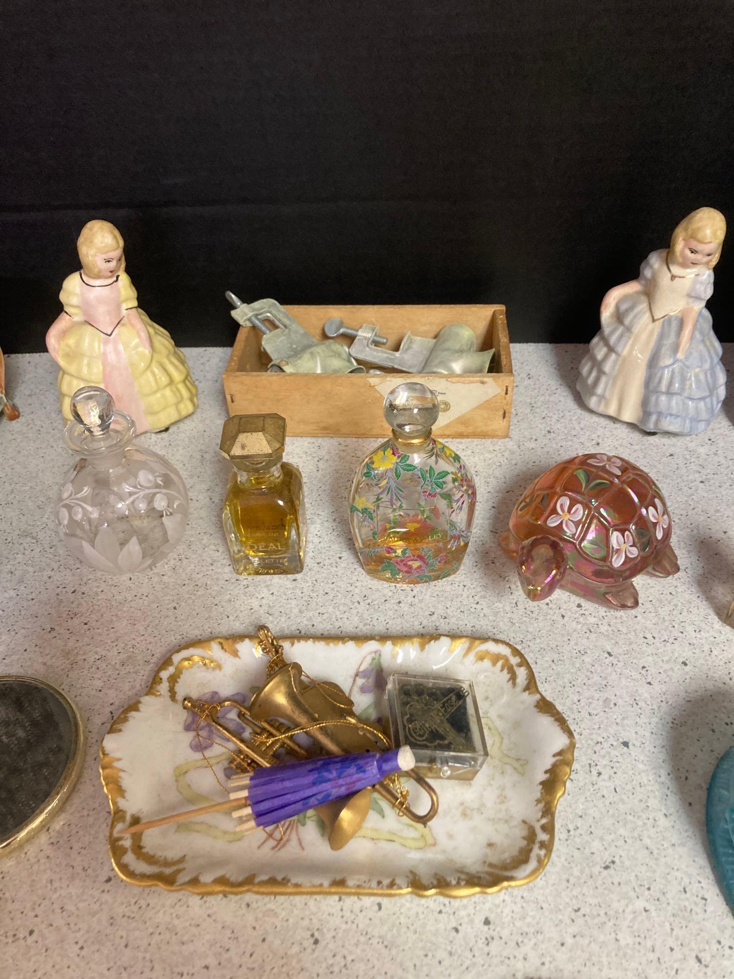 Perfume, bottles, beaded purse, capodimonte, much more