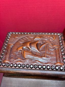 vintage wood boxes carved one is missing one leg