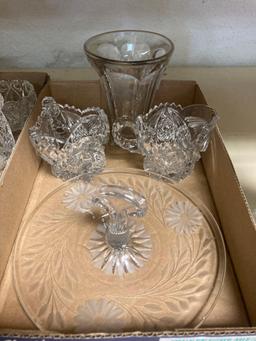 Clear glass lot including etched pitcher with silver lid and glass insert