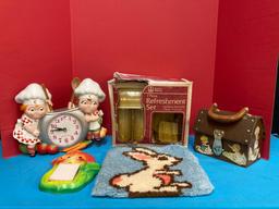 Vintage lot Campbell Soup kids clock, chalkware, memo, pad, anchor, hocking, refreshments, a new old