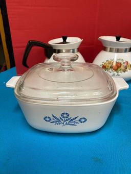 Corning ware tea and coffee pots, and casserole dishes