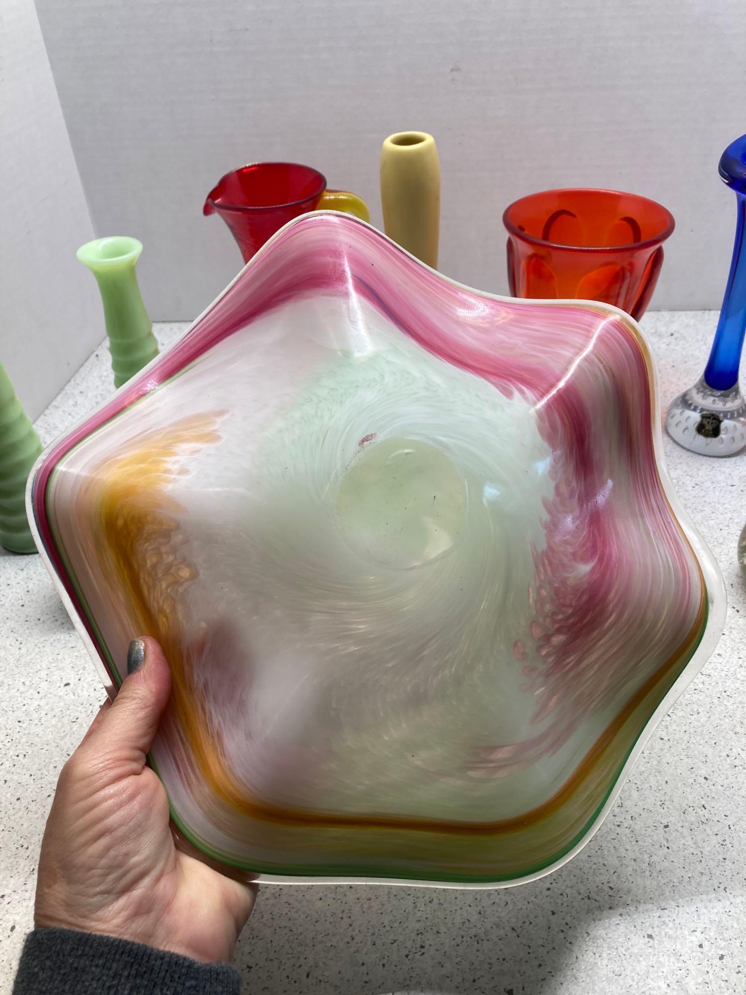 Pastel Murano bowl, Golden Crown vase, jadeite vases one has been repaired and more