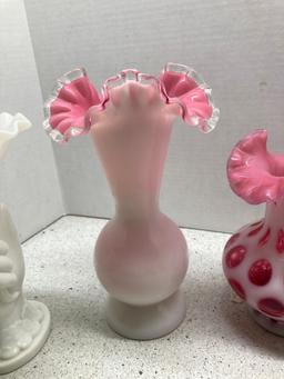 Lady liberty milk glass hand vase, Fenton pink Silvercrest vase, Fenton coin dot cranberry