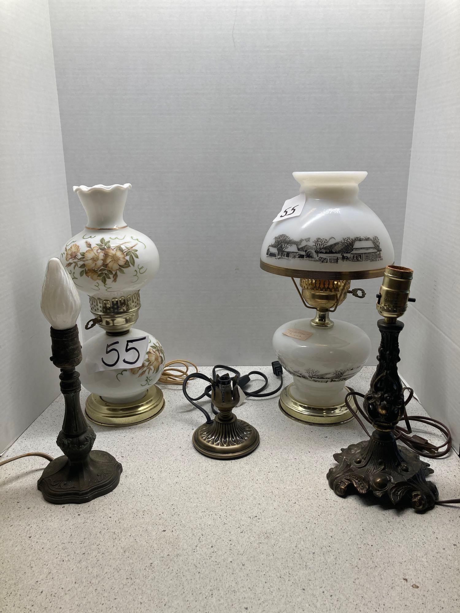 Two parlor lamps, one Currier and Ives, and three metal lamps