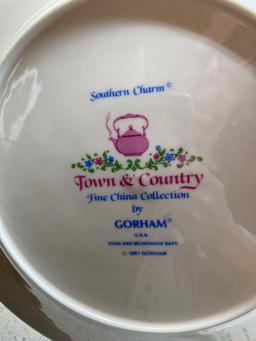 Gorham Southern charm plates and etched glassware