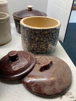 Crocks, aqua pottery vase, and more