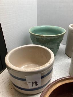 Crocks, aqua pottery vase, and more