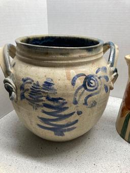 Signed pottery vase with a blue accents, also pitcher and crock