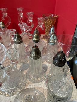 large lot of glass shakers candlesticks compote etc.