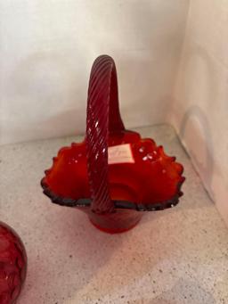 Oil lamp with cranberry hob nail shade Fenton glass other red glass