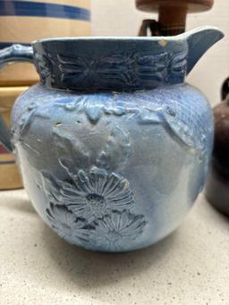 Blue decorated pottery wood bobbin early pitcher