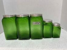 vintage Owens Illinois green ribbed canisters shakers