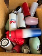 large box of insulated stainless cups w/ lids thermoses