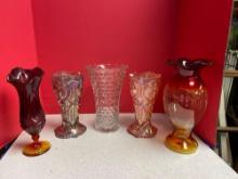 2 LE Smith iridescent vases, 2 Ruby and Amber vases, and a clear Fostoria vase