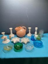 Anchor hocking peach pitcher, white milk glass, and other glassware