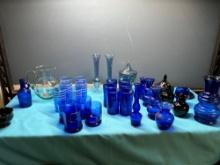 Fenton hand-painted glass hazel Atlas Tumblr set large collection of blue glass