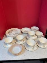 Made in America handpainted, colonial style dinnerware and two fire king fruit bowls