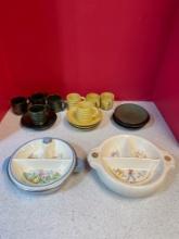 Blue hill Maine pottery mini mugs and saucers, and two vintage children?s dishes