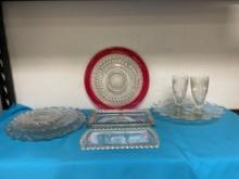 Clear, glass plates, serving pieces, cake, plates, two herringbone glasses