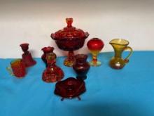 Amberina glass compote candleholder, handblown crackle glass vase, much more