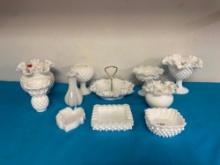 White hobnail milk glass with flower frog inside also, Fenton ruffled tidbit dish and other Fenton