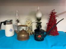 Corningware cornflower blue coffee pot, two kerosene lamps, copper tea, kettle, metal watering can