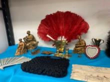 Brass figures, candleholders, fans, vintage purses