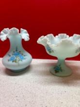Fenton compost and vase blue roses on blue satin both signed