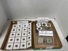 Vintage US pennies and US and foreign money and 1935 US silver certificate