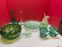 Carnival Glass bowl, hand blown glass and swung vases