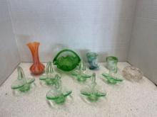 Green glass mini baskets, mini slag glass vase and pot, and orange glass vase