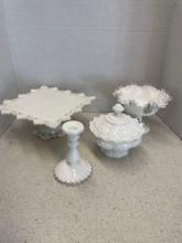 Milk, glass cake, plate, candleholder, compote, and covered dish