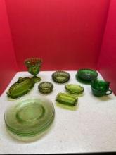 Green depression, glass plates, and green hobnail butter dish and more