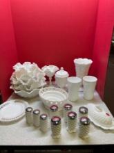 Large milk glass lot, several salt and pepper shaker sets, ruffle compote butter dish vases