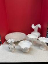 Milk glass silver crest large bowl, ruffle top vase and more