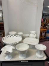 Milk glass pedestal cake plate, hobnail picther, vases, and more