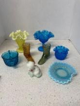 Fenton hobnail ruffled vases glass shoes satin hand painted cat