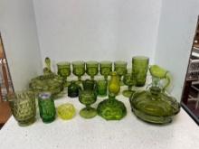 Colonial green and dark green glassware, Fostoria and Fenton, thumbprint