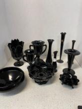 Black ebony vases, candleholders, Fenton