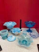 Fenton slag blue hobnail, cobalt blue bud vase, more blue glass