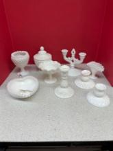 Fenton milk glass hobnail candleholders, small ruffled face and a silver crest dish