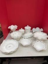 Fenton milk glass includes hobnail butter dish, ruffled vase candle holder, and silver Crest bowl