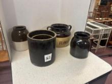 antique dark brown pottery, pots, vases, and flour holder