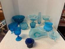 Blue opalescent glass lot. moon and stars bowl ruffled crested, opalescent blue cups and ruffled