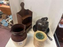 vintage tan and brown pottery, picture and wood, jewelry display, and cast iron pan and more pottery