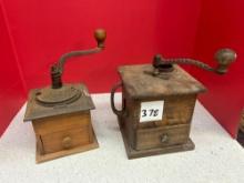 two antique coffee grinder Mills with wood and iron