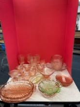 Large lot of pink depression, glass with one yellow and green piece